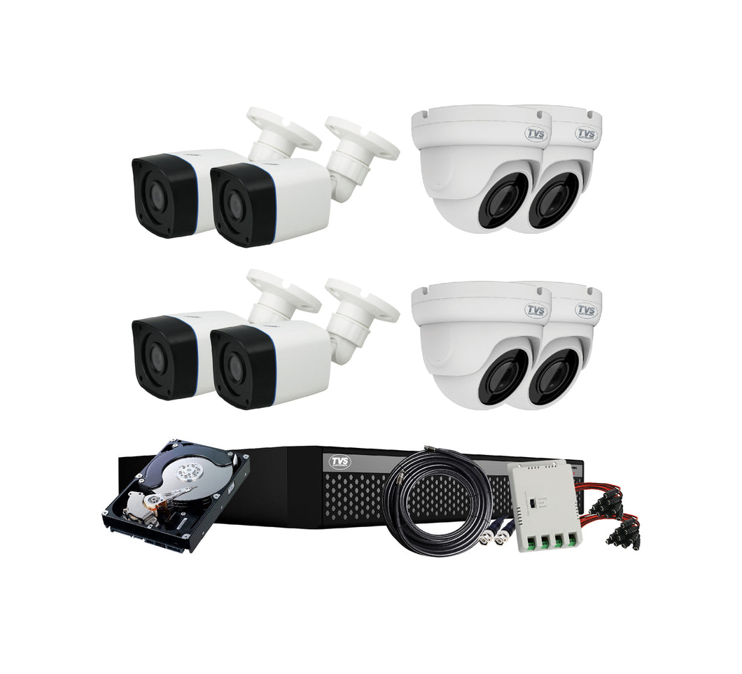 Full HD 2MP Cameras Combo KIT 8 Channel Full HD DVR + 4 Dome Cameras + 4 Bullet Cameras + 1 TB Hard Disc + Wire Roll + Supply & All Required connectors - CCTV Bundle 3