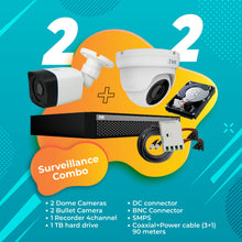 Load image into Gallery viewer, Full HD 2MP Cameras Combo KIT 4 Channel Full HD DVR + 2 Dome Cameras + 2 Bullet Cameras + 1 TB Hard Disc + Wire Roll + Supply &amp; All Required connectors - CCTV Bundle 4

