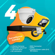 Load image into Gallery viewer, Full HD 2MP Cameras Combo KIT 4 Channel Full HD DVR + 4 Dome Cameras + 1 TB Hard Disc + Wire Roll + Supply &amp; All Required connectors - CCTV Bundle 5

